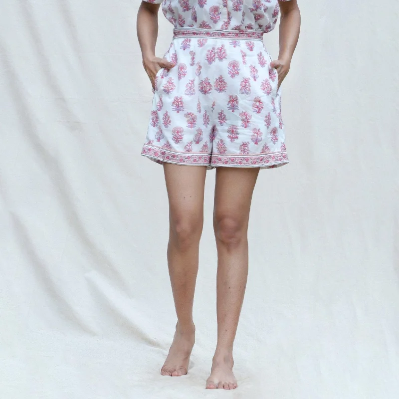 Sweet Style White and Fuchsia Block Printed Cotton High-Rise Elasticated Shorts