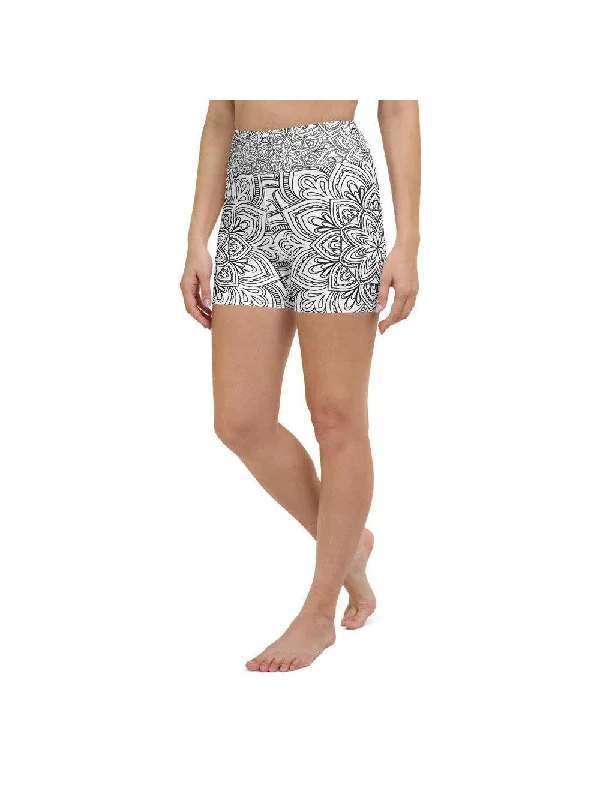 Sporty Comfort White & Black Mandala Yoga Shorts